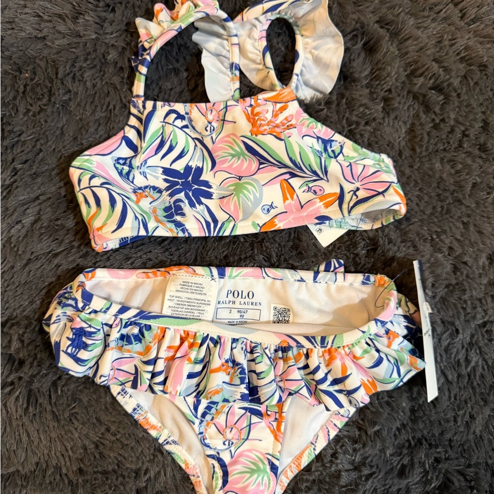Polo by Ralph Lauren Girls' Floral Ruffle Two-Piece Swim Set - Pink/Blue